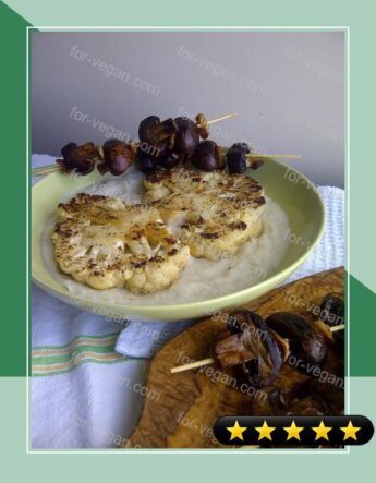 Cauliflower Steaks & Puree with Mushroom & Garlic Skewers (Vegan) recipe