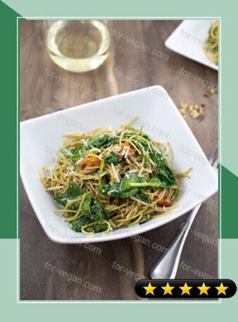 Walnut Pesto Pasta With Roasted Tomatoes and Wilted Greens recipe