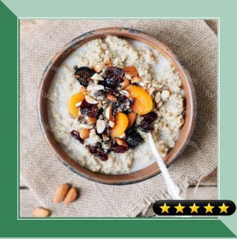 Sweet Almond Breakfast Quinoa with Dried Berries, Crushed Almonds and Cacao Nibs recipe