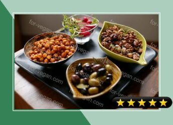 Fried Chickpeas and Spiced Nuts with Olives and Radishes recipe