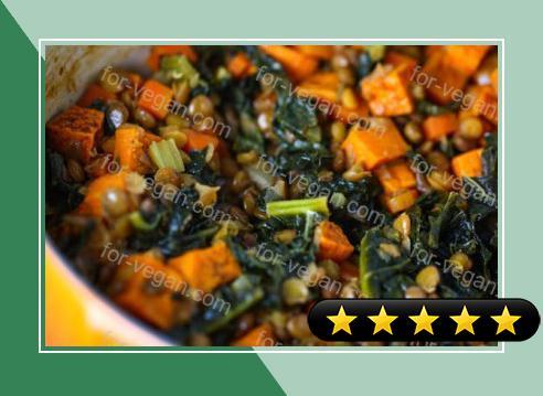 Spicy Lentils with Sweet Potatoes and Kale recipe